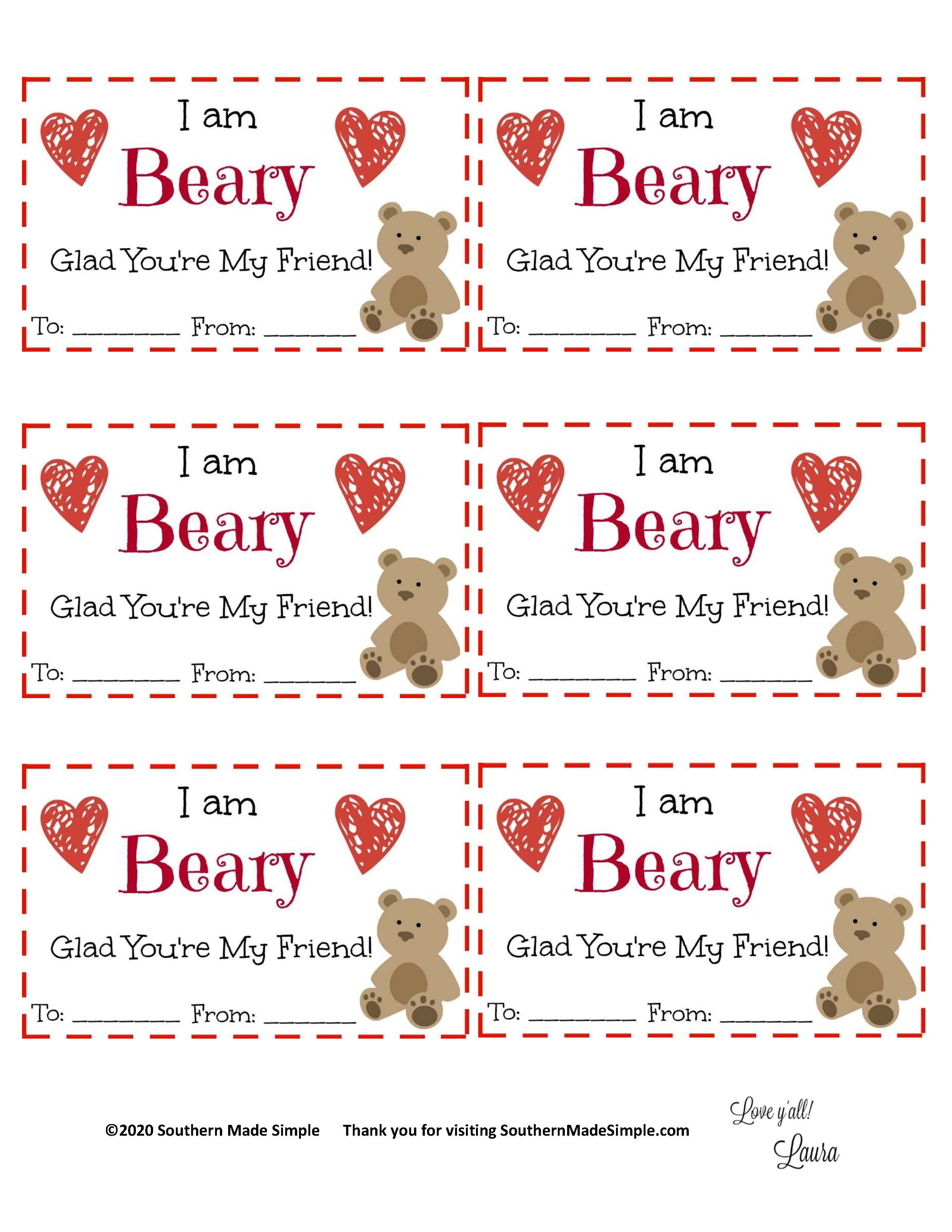 free printable: i'm beary glad you're my friend valentine